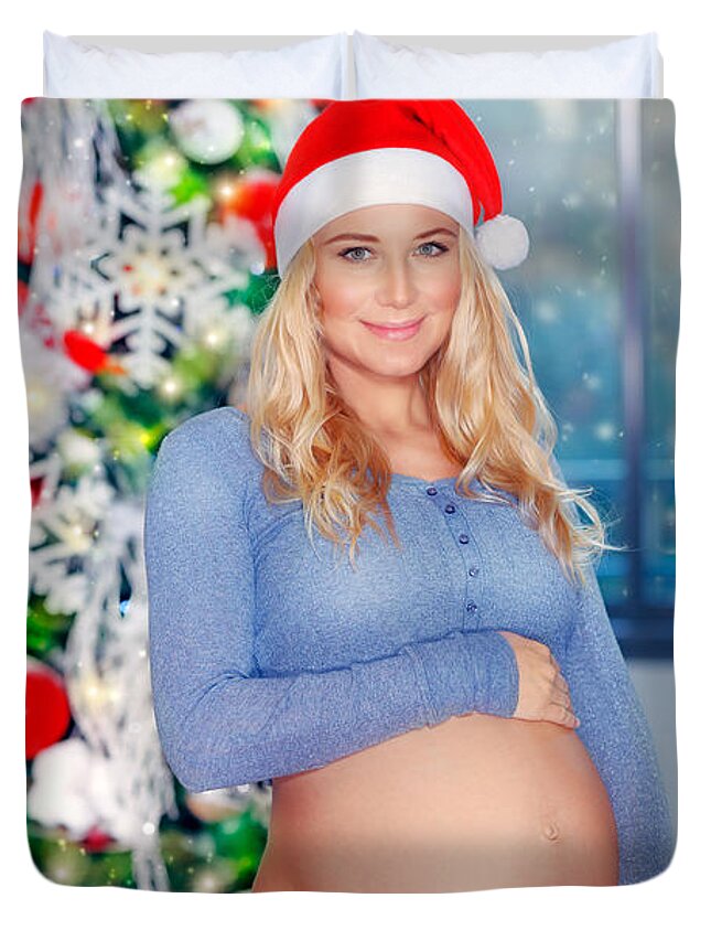 Abdomen Duvet Cover featuring the photograph Pregnant woman celebrate Christmas by Anna Om