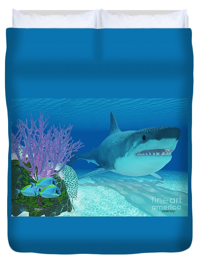 Megalodon Duvet Cover featuring the painting Prehistoric Megalodon Shark by Corey Ford