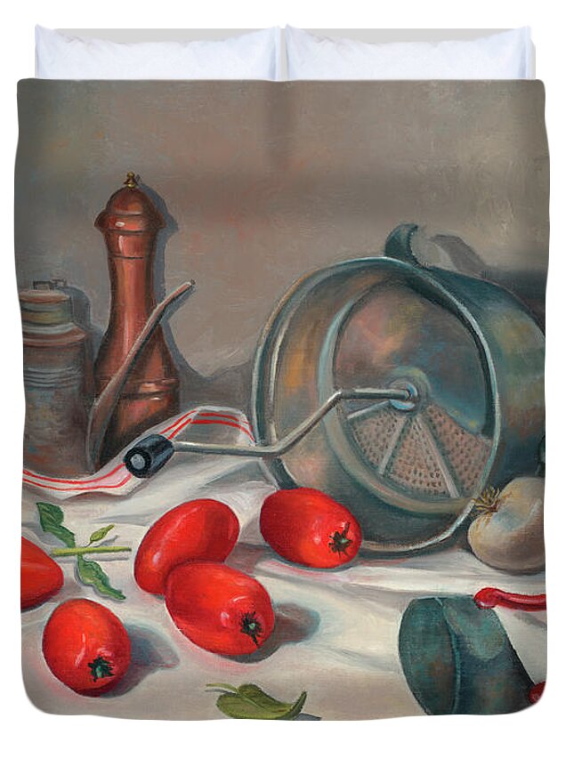 Sauce Duvet Cover featuring the painting Preparing the Sauce by Madeline Lovallo