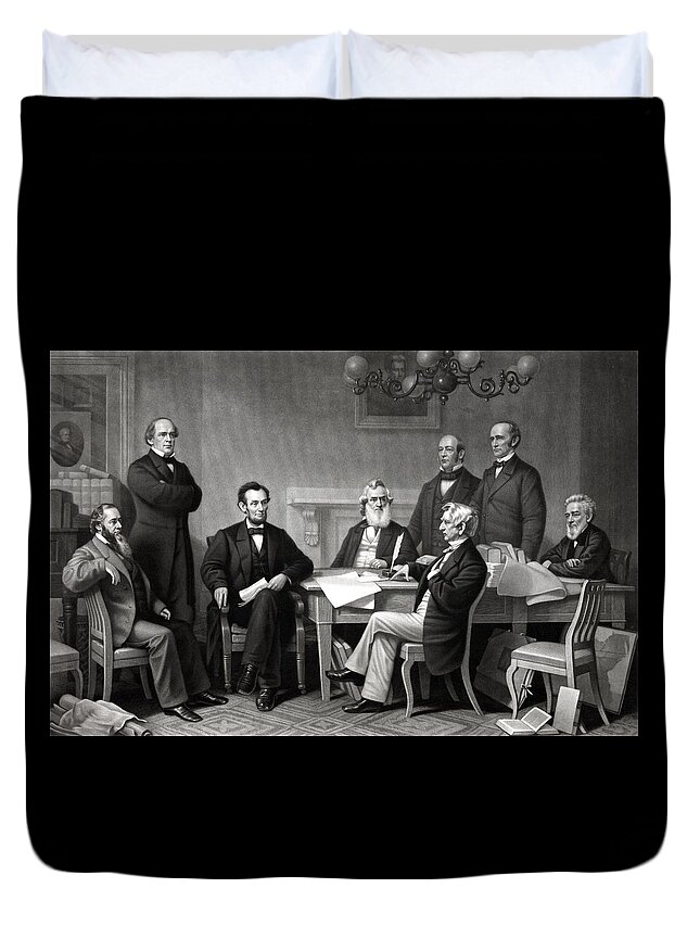 Abraham Lincoln Duvet Cover featuring the drawing President Lincoln and His Cabinet by War Is Hell Store
