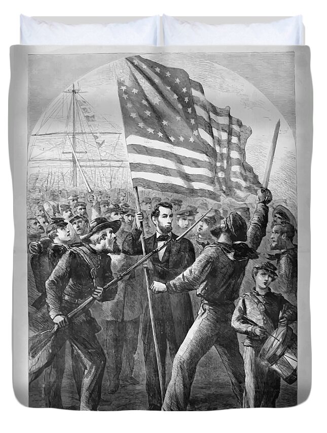 Abraham Lincoln Duvet Cover featuring the painting President Lincoln holding the American Flag by War Is Hell Store
