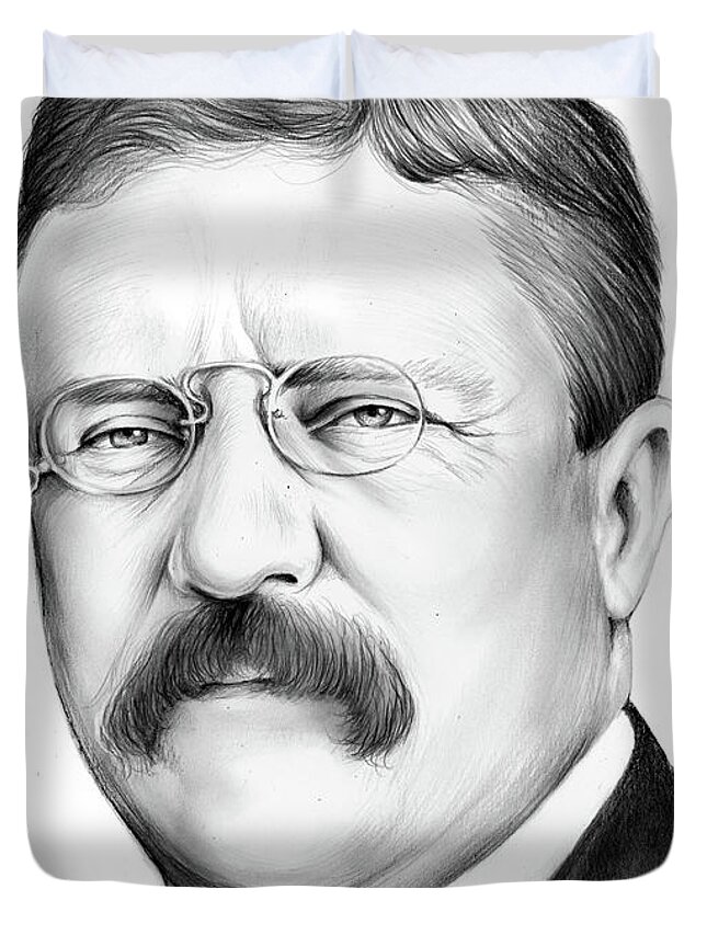 Theodore Roosevelt Duvet Cover featuring the drawing President Theodore Roosevelt by Greg Joens