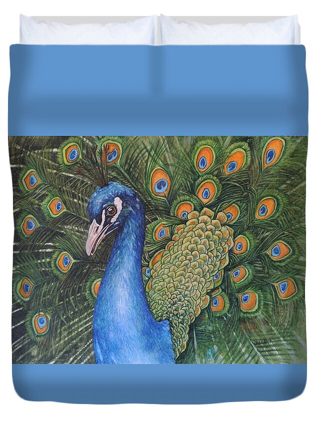 Peacock Duvet Cover featuring the painting Pretty as a Peacock by Jodi Higgins