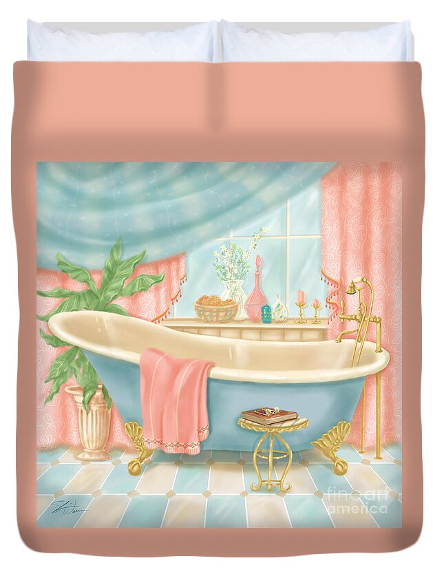 Room Duvet Cover featuring the mixed media Pretty Bathrooms I by Shari Warren