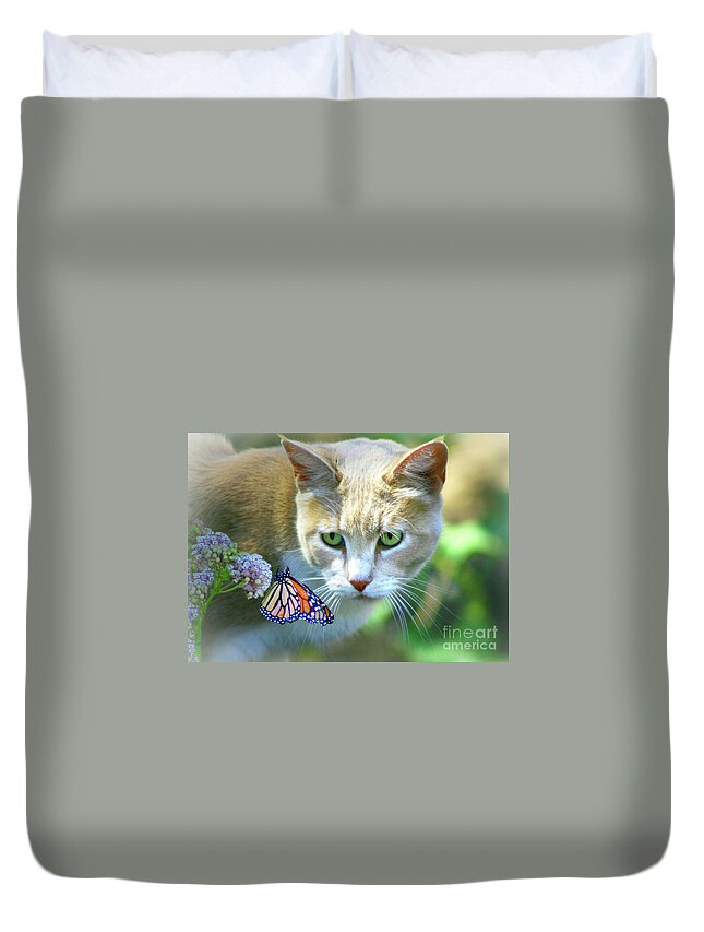Cat Duvet Cover featuring the photograph Pretty Cat and Monarch Butterfly by Stephanie Laird
