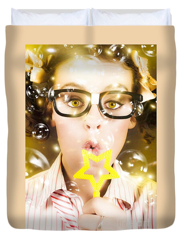 Entertainment Duvet Cover featuring the photograph Pretty Geek Girl At Birthday Party Celebration by Jorgo Photography