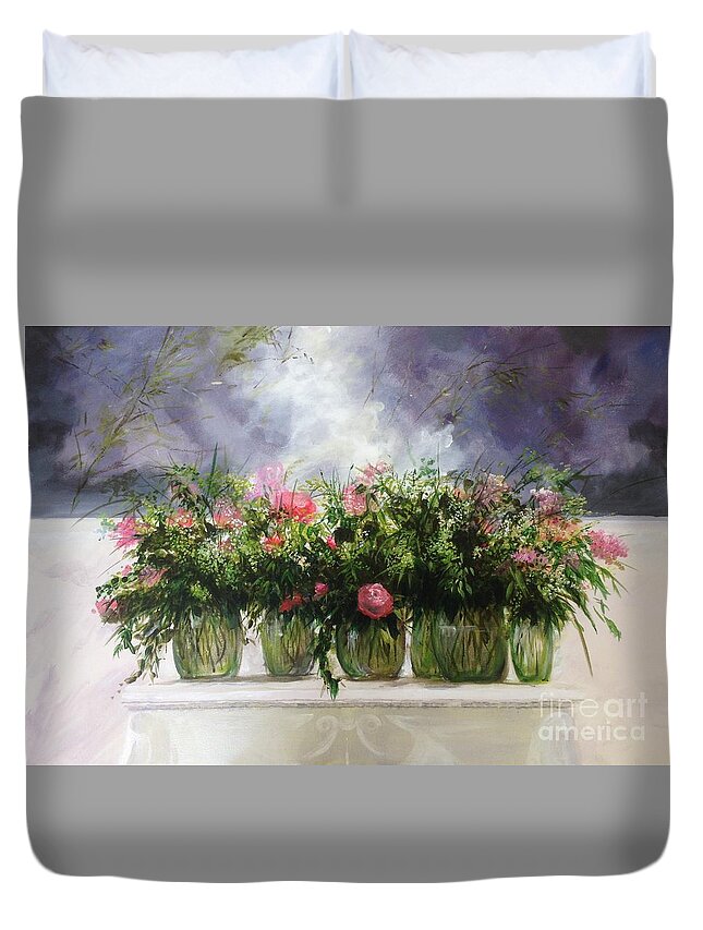 Still Life Duvet Cover featuring the painting Pretty Mantlepeace by Lizzy Forrester