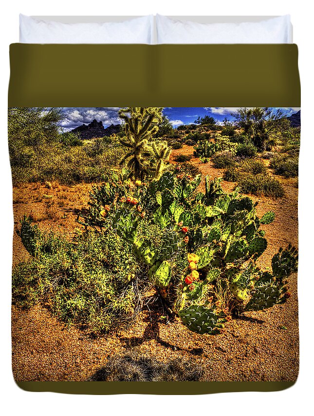 Arizona Duvet Cover featuring the photograph Prickly Pear in Bloom with BrittleBush and Cholla for Company by Roger Passman
