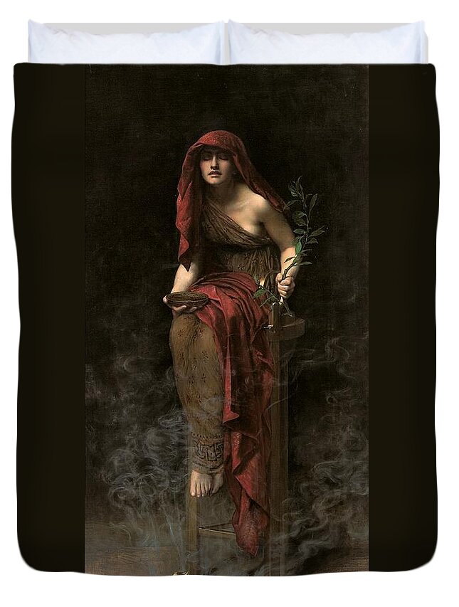 Portrait Duvet Cover featuring the painting Priestess of Delphi by John Collier