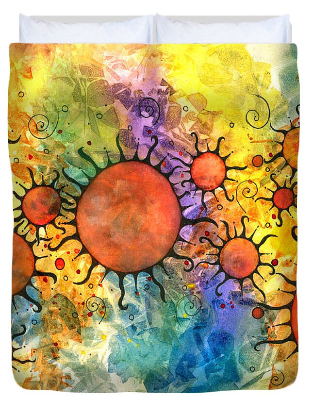 Artoffoxvox Duvet Cover featuring the mixed media Primordial Suns 2 by Kristen Fox