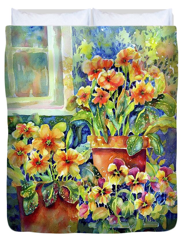 Watercolor Painting Duvet Cover featuring the painting Primroses and Pansies II by Ann Nicholson