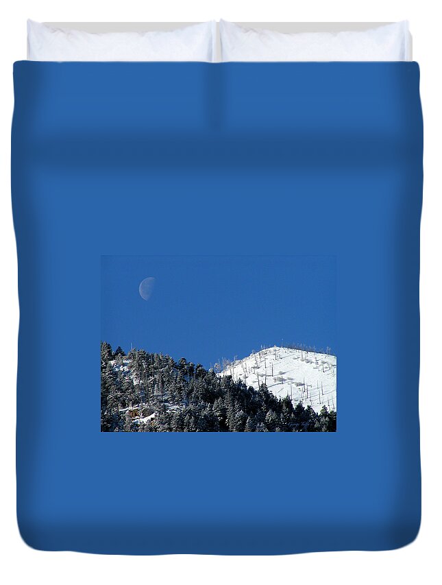 Winter Moon Sugarloaf Mountain Rocky Mountains Colorado Snow Zen Simple Fourmilecanyon Duvet Cover featuring the photograph Pristine winter morning by George Tuffy