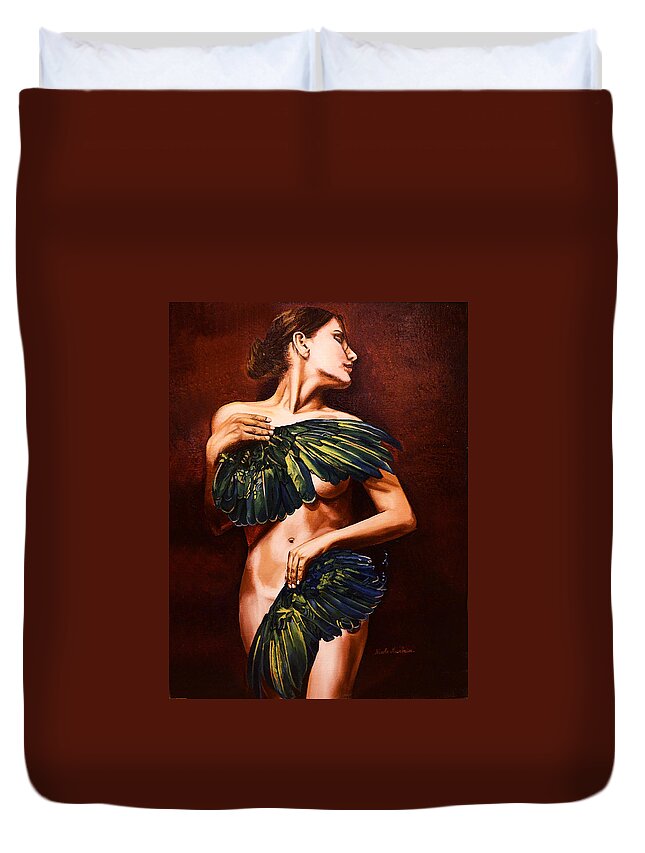 Woman Duvet Cover featuring the painting Protection by Nicole MARBAISE