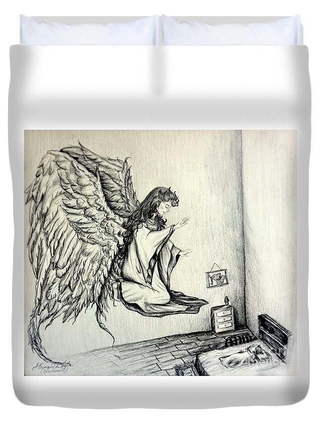 Angel Duvet Cover featuring the drawing Psalms Chapter 91 Verse 11 by Georgia Doyle