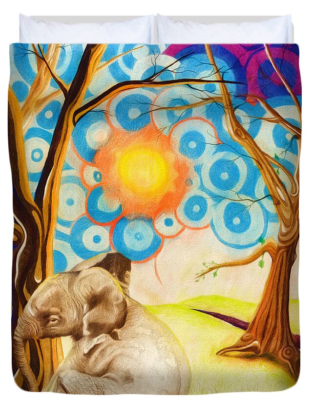 Elephants Duvet Cover featuring the drawing Psychedelic Elephants by Shawna Rowe