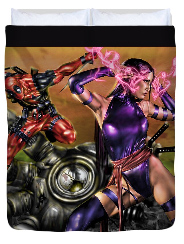 Marvel Duvet Cover featuring the painting Psylocke and Deadpool by Pete Tapang