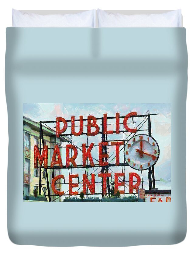 Seattle Duvet Cover featuring the painting Public Market Center by Lynne Jenkins