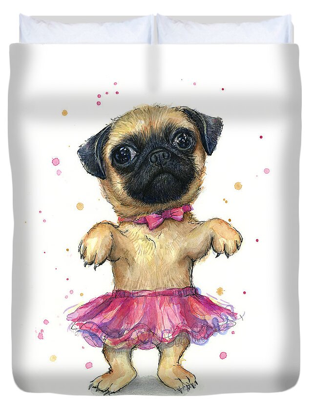 Pug Duvet Cover featuring the painting Pug in a Tutu by Olga Shvartsur