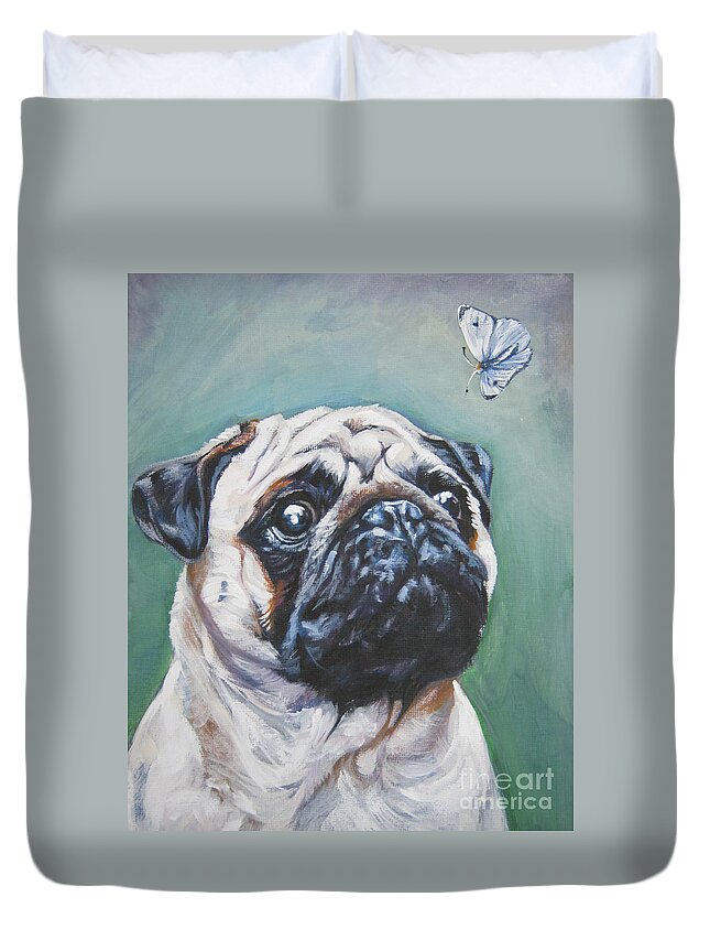 Pug Duvet Cover featuring the painting Pug with butterfly by Lee Ann Shepard