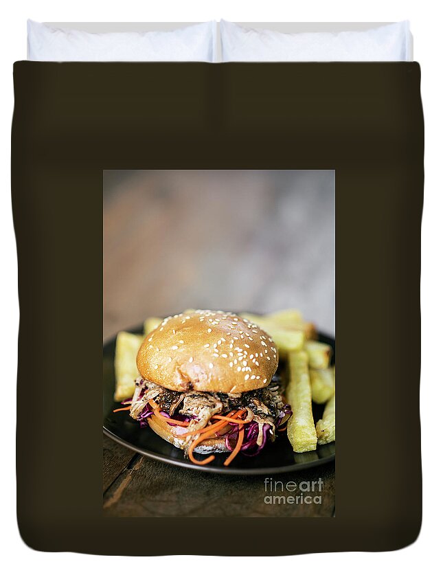 American Duvet Cover featuring the photograph Pulled Pork And Coleslaw Salad Burger Sandwich With Fries Meal by JM Travel Photography