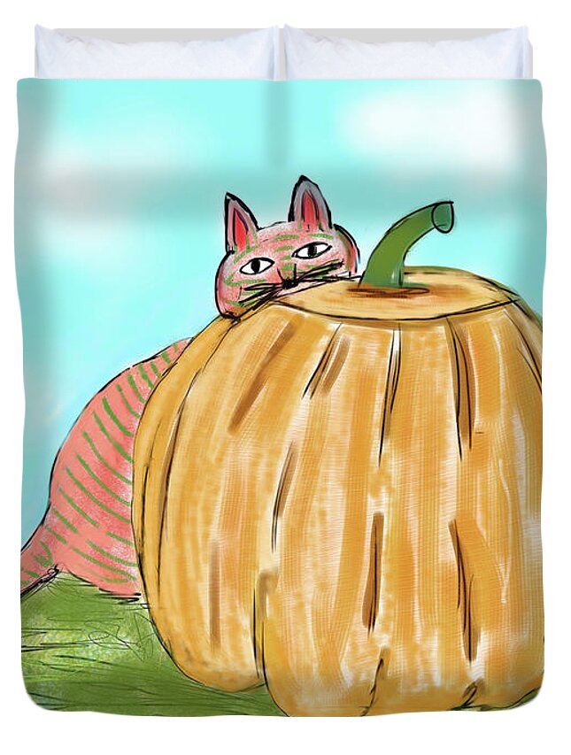 Landscape Duvet Cover featuring the digital art Pumpkin Cat by Christina Wedberg