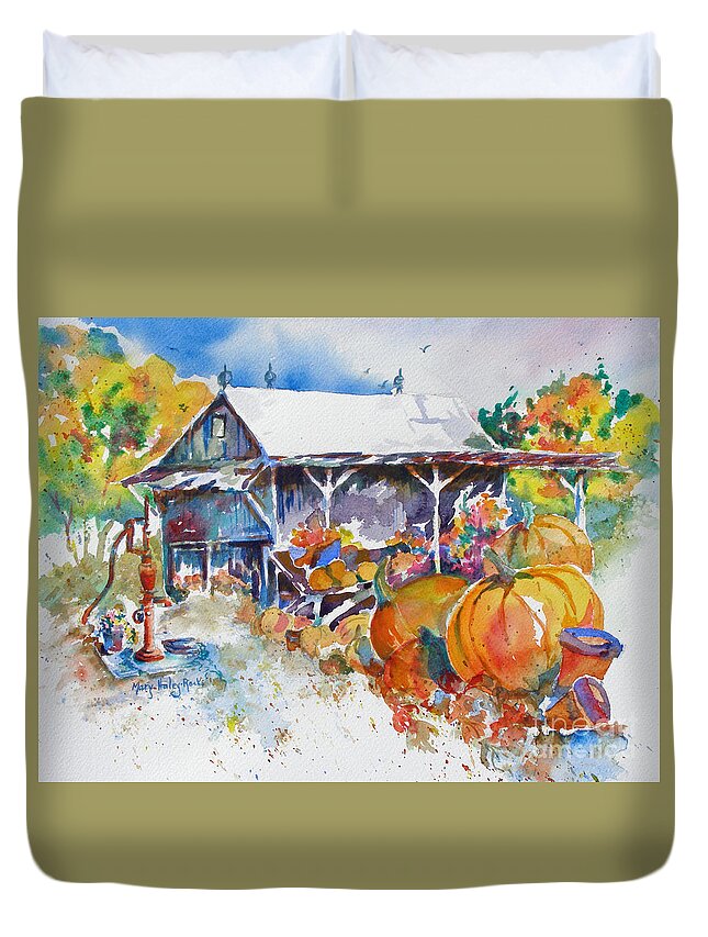 Pumpkins Duvet Cover featuring the painting Pumpkin Time by Mary Haley-Rocks