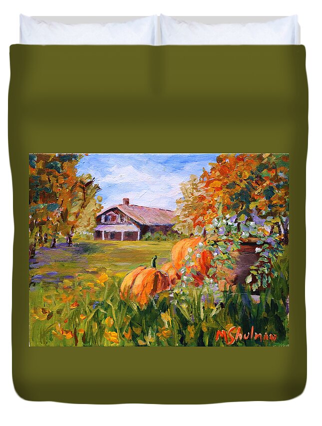 Pumpkins Duvet Cover featuring the painting Pumpkins in the fall. by Madeleine Shulman