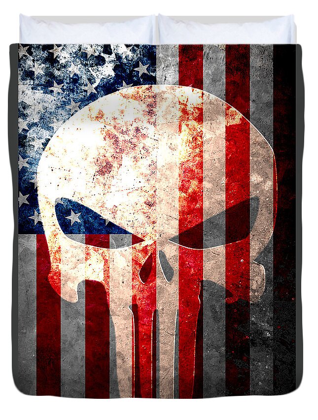 Punisher Duvet Cover featuring the digital art Punisher Themed Skull and American Flag on Distressed Metal Sheet by M L C