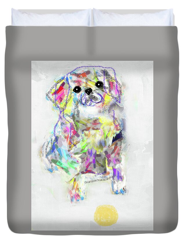Neon Duvet Cover featuring the painting Puppy with ball by Claudia Schoen