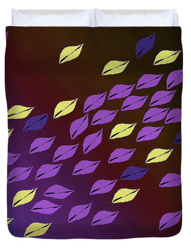 Digital Duvet Cover featuring the digital art Purple and Yellow Leaf Pattern by Mary Bedy