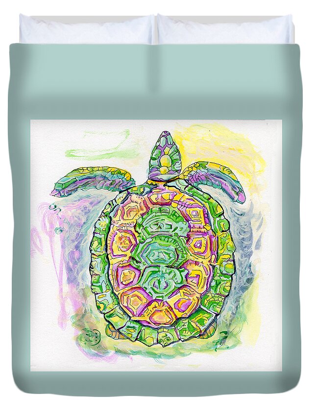 Purple Duvet Cover featuring the painting Purple Blue Yellow Sea Watercolor Series 2 Turtle by Shelly Tschupp