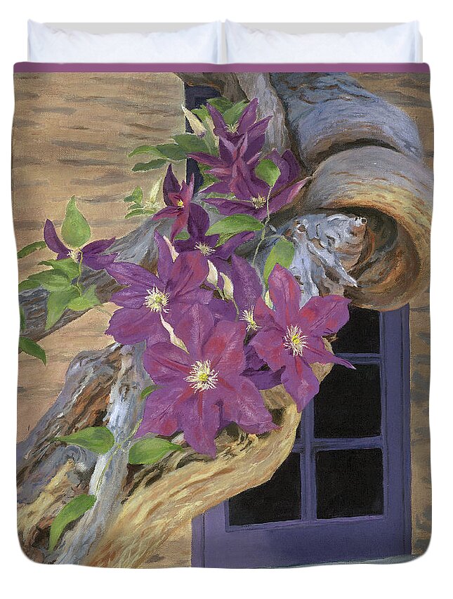 Acrylic Duvet Cover featuring the painting Purple Clematis by Lynne Reichhart