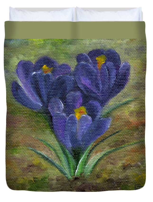 Blue Duvet Cover featuring the painting Purple Crocus by FT McKinstry