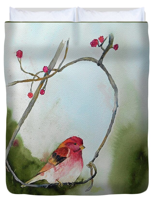 Finch Duvet Cover featuring the painting Purple Finch by Christine Lathrop