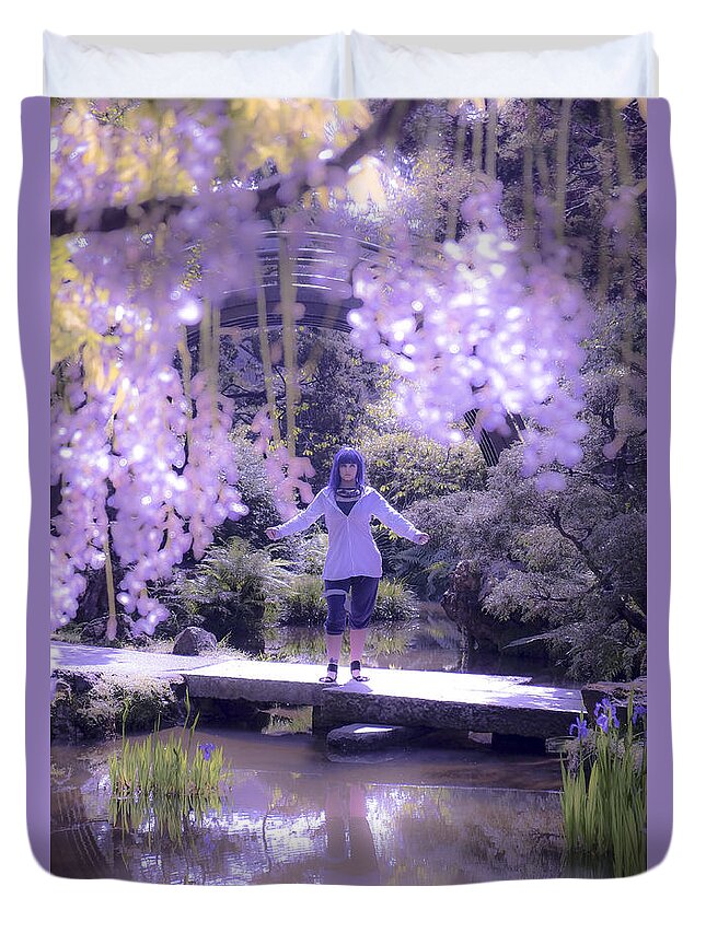 Purple Hydrangea Duvet Cover featuring the photograph Purple Girl and Hydrangea by Amy Fearn