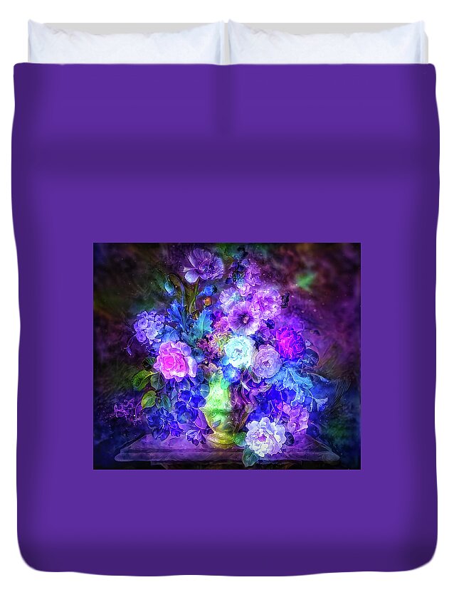 Purple Glow Flowers Duvet Cover featuring the mixed media Purple glow flowers by Lilia S