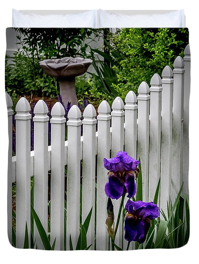Fence Duvet Cover featuring the digital art Purple Iris and the Fence by Ed Stines