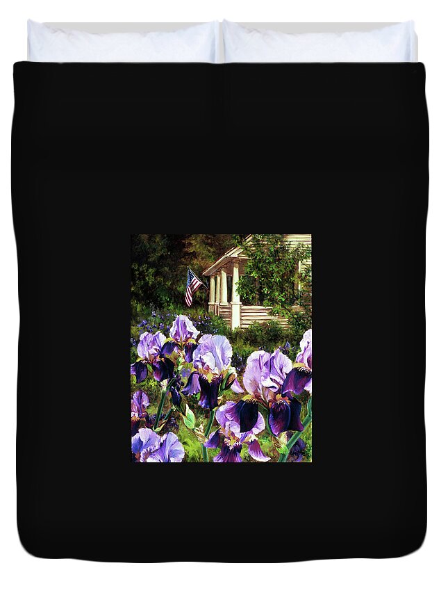 Iris Duvet Cover featuring the painting Purple Irises by Marie Witte