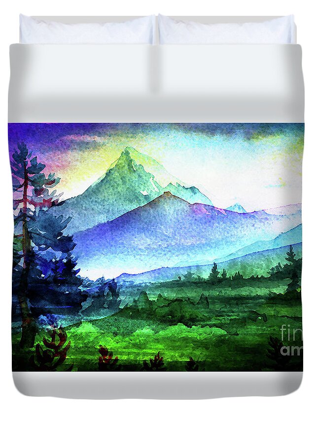 Hill Duvet Cover featuring the mixed media Purple Mountains Majesty by Digital Art Cafe