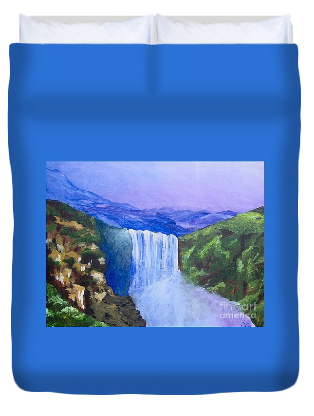 Landscape Duvet Cover featuring the painting Purple Mountains by Saundra Johnson