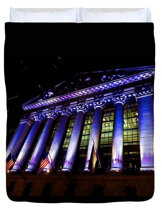 Georgia Mizuleva Duvet Cover featuring the digital art Purple New York Stock Exchange at Night - Impressions Of Manhattan by Georgia Mizuleva