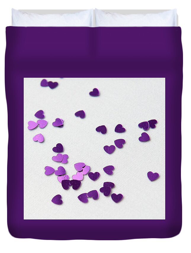 Hearts Duvet Cover featuring the photograph Purple Scattered Hearts ii by Helen Jackson