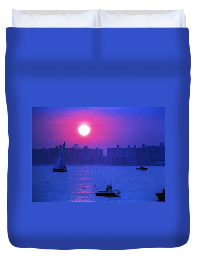 Breezy Point Duvet Cover featuring the photograph Purple Sunset off Breezy Point Bayside by Maureen E Ritter