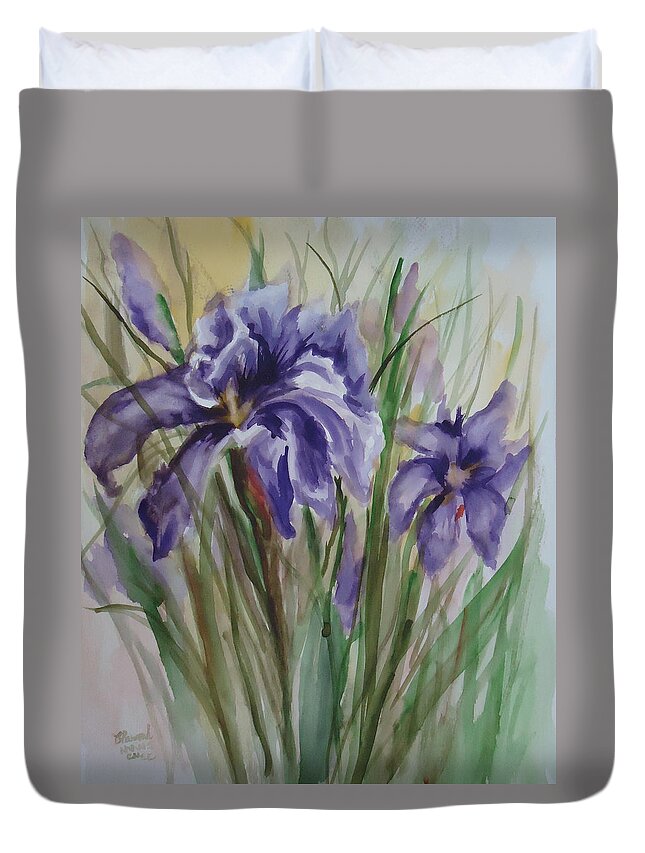A Trio Of Dutch Irises. Flower Duvet Cover featuring the painting Purple Times 3 by Charme Curtin