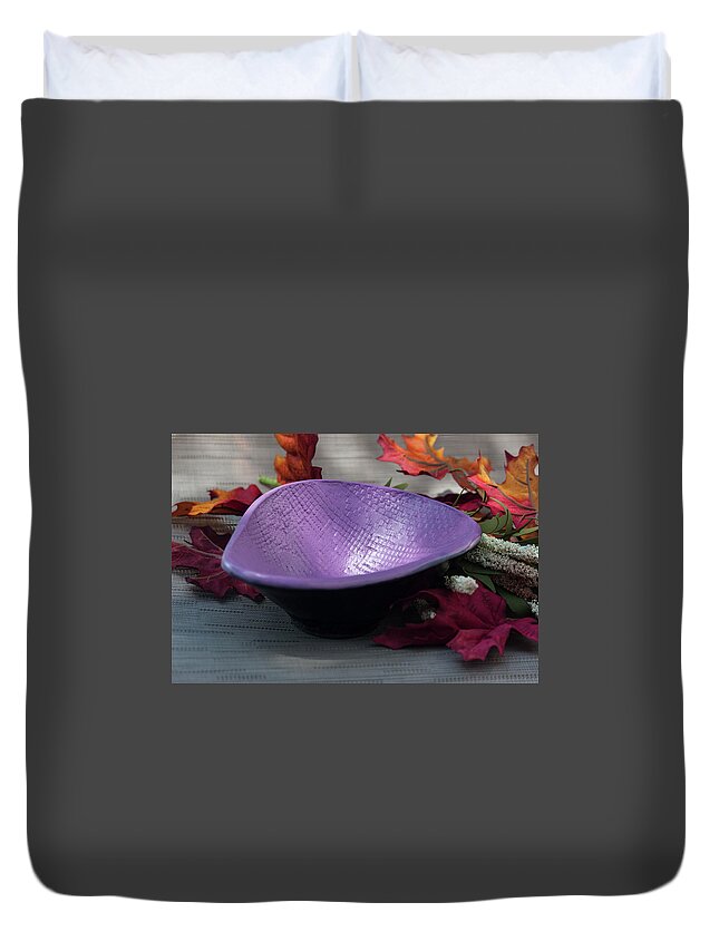 Ceramic Duvet Cover featuring the ceramic art Purple Triangular Bowl by Suzanne Gaff