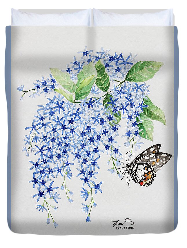 Watercolor Duvet Cover featuring the photograph Purple wreath flower and butterfly. by Sudarat Wilairat