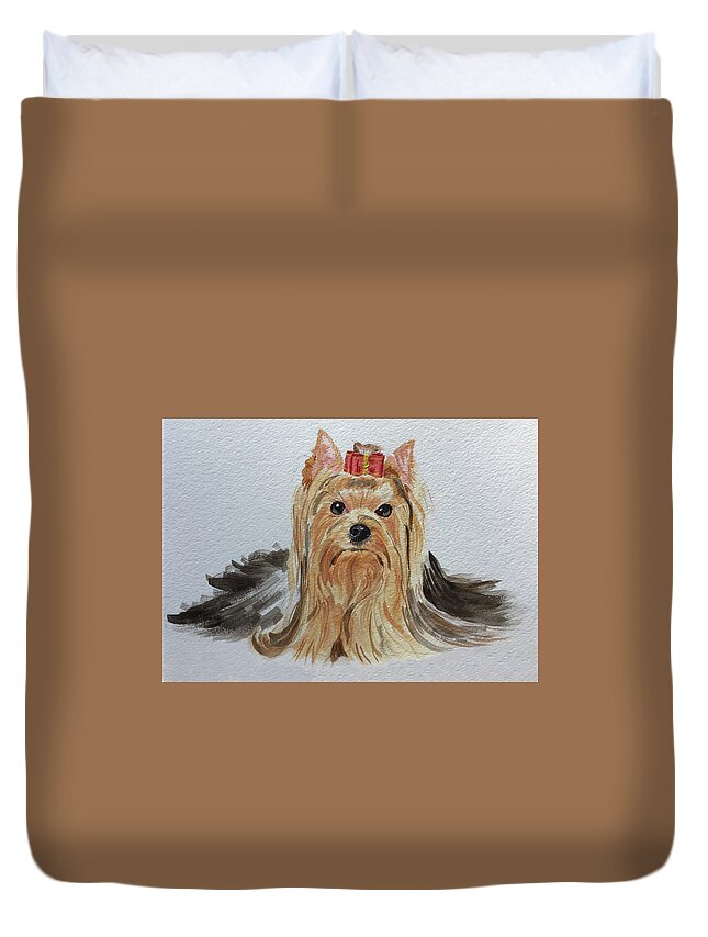 Yorkie Duvet Cover featuring the painting Put A Bow On It by Sonja Jones