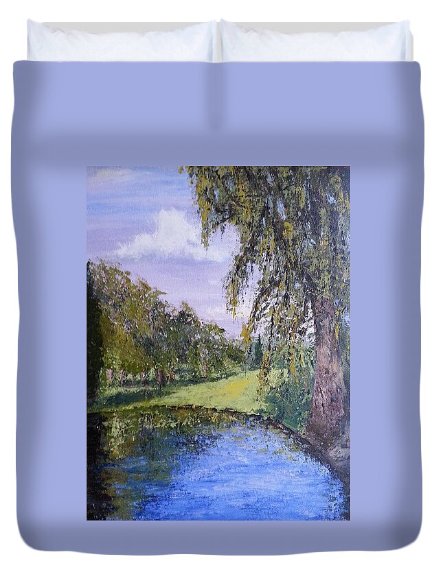 Palette Knife Painting Duvet Cover featuring the painting Putting Green Pond by Mishel Vanderten