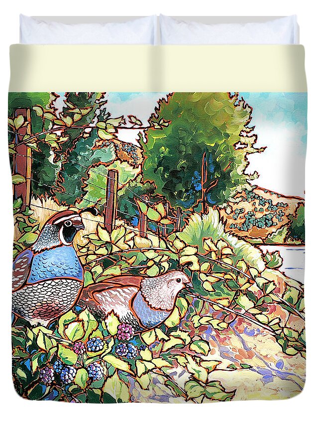 Quail Duvet Cover featuring the painting Quails and Blackberries by Nadi Spencer