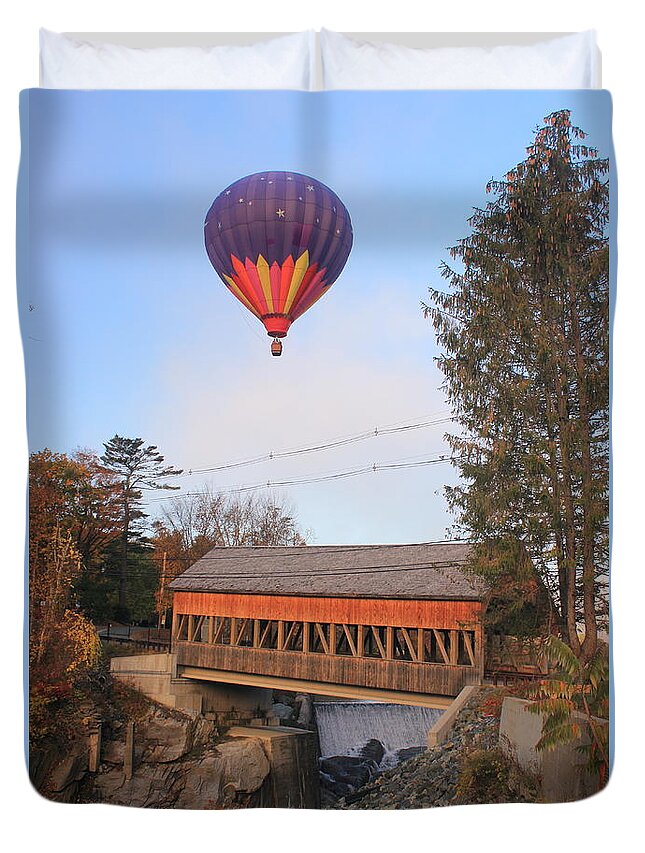 Balloon Duvet Cover featuring the photograph Quechee Vermont Covered Bridge and Hot Air Balloon by John Burk